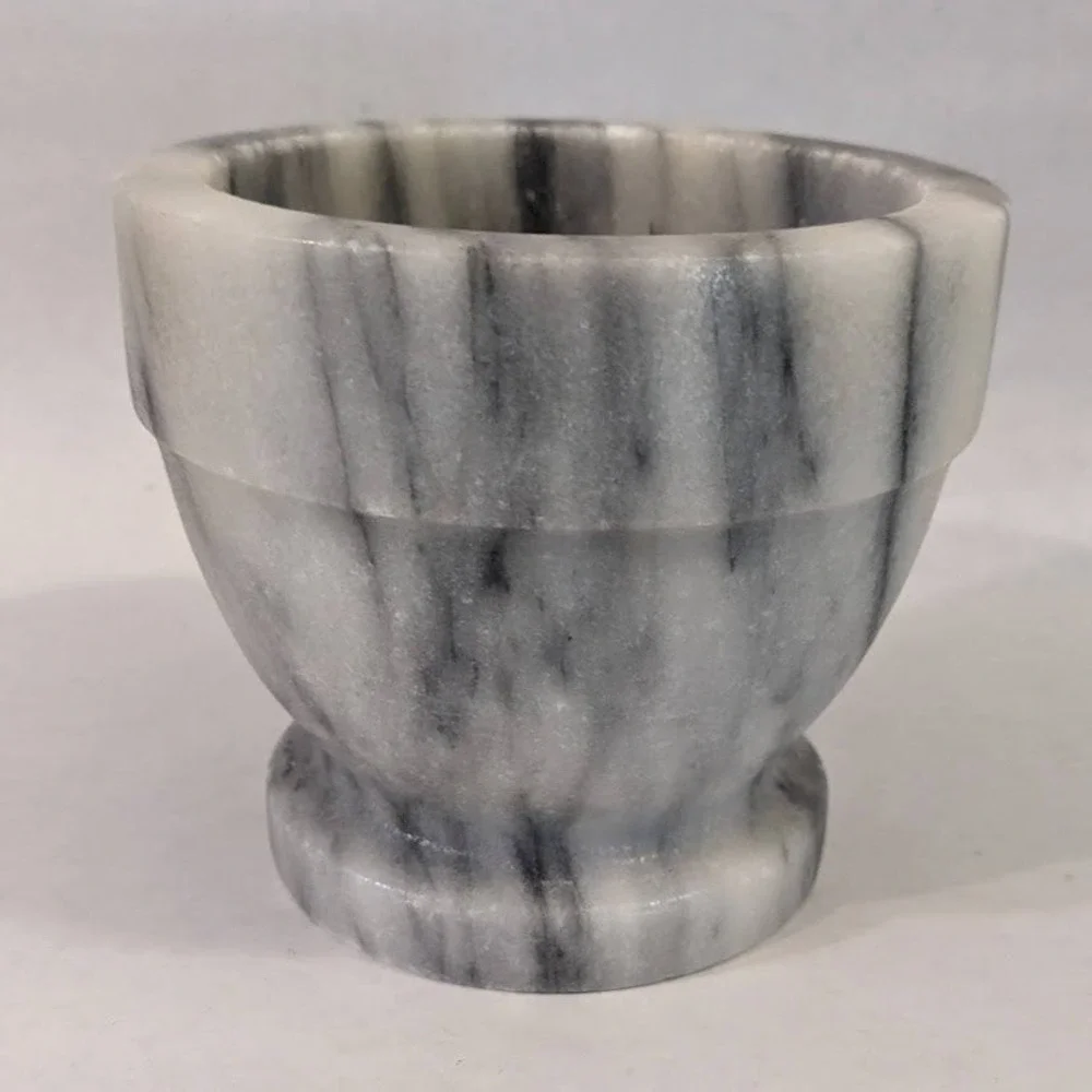 Grey White Veined Marble Mortar & Pestle Set Pedestal Base Kitchen Spice Grinder